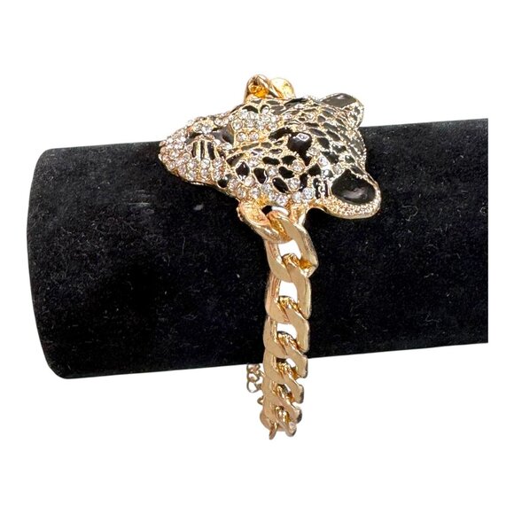 Gold-Tone Leopard Head Statement Bracelet Rhinestones & Black Enamel Detailing - Picture 3 of 10